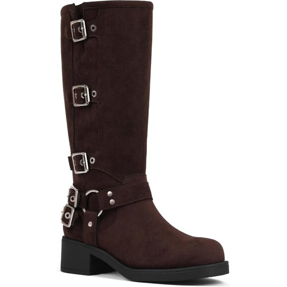 ⚡Women's Chocolate Square Toe Pull On Wide Calf Riding Fashion Buckles Pull On